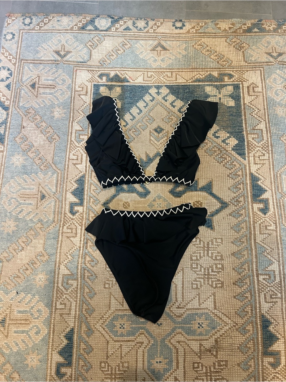 Tularosa Black Ruffle Bikini with White Zigzag Trim